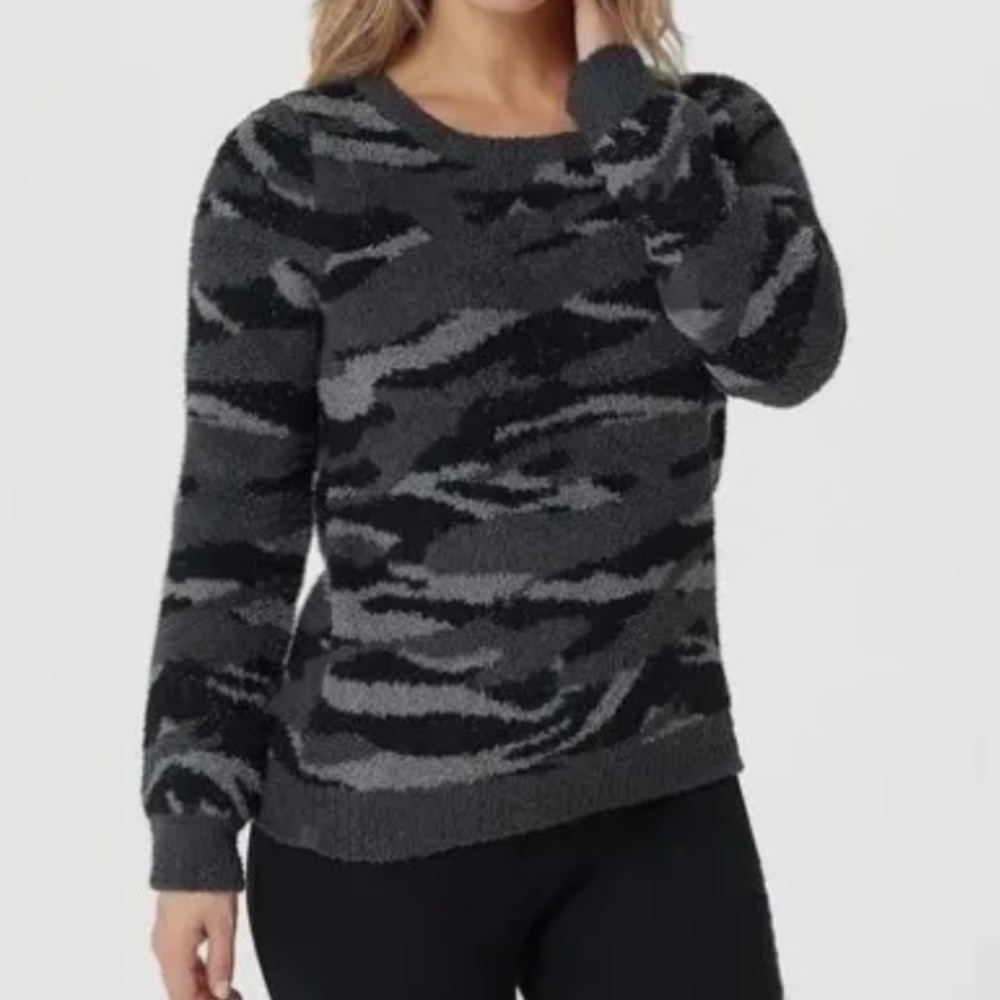 Barefoot Dreams Sweater Gray Black Carbon Camo Seaside Crew Neck Pullover Size M